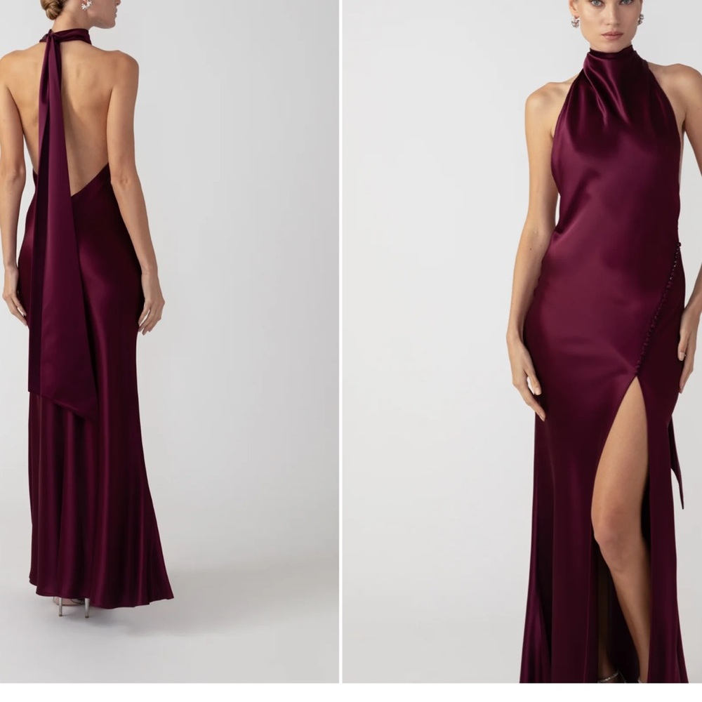 Penelope Red Satin Backless Halter Gown